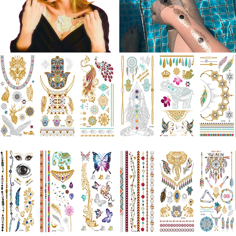 100Pcs Gold Temporary Tattoo Sleeve Henna Hand Feather Beauty Body Arm Rose Butterfly Elephant Glitter Women Waterproof Sticker