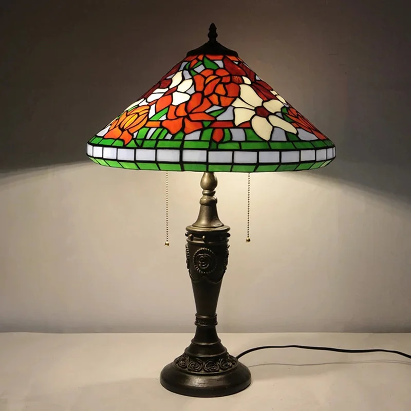 Classic Red Flower Lamp Creative Stained Glass Garden Bedroom Bedside Lamp Resin Simple Art Table Lamp