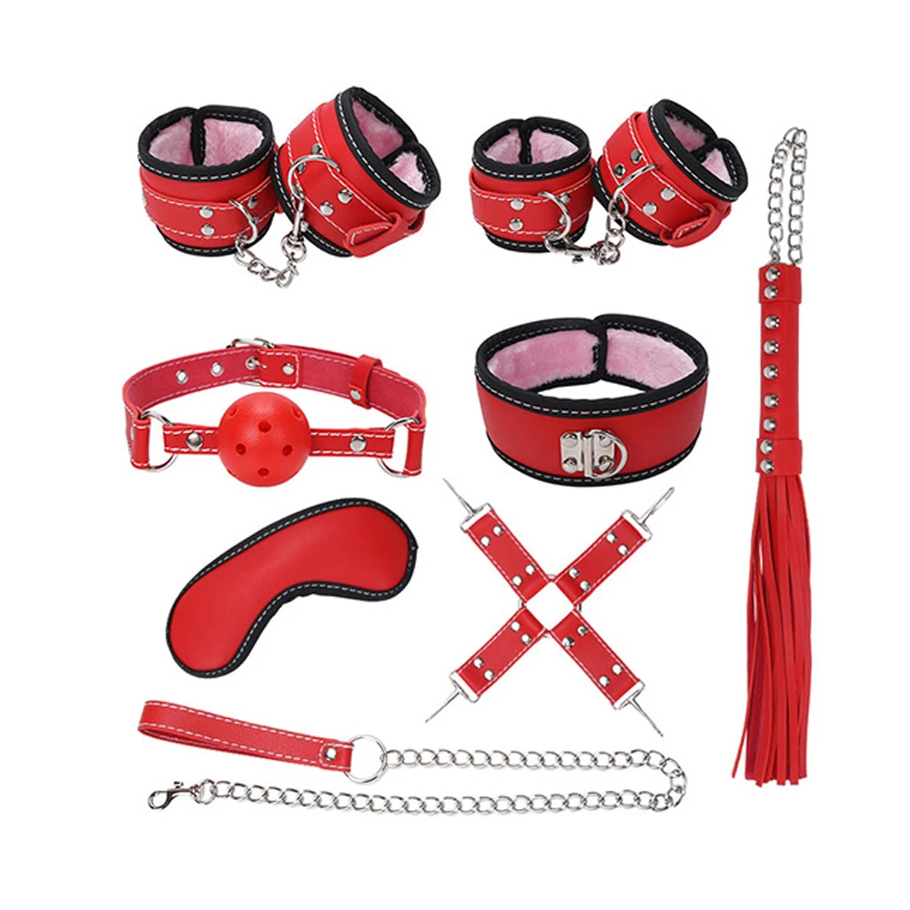 

8 Piece Set Color Adults Games Plush Leather Bondage BDSM Kits Collar Handcuffs Shackles Whip Sex Toys for Women 18+ Sex Product