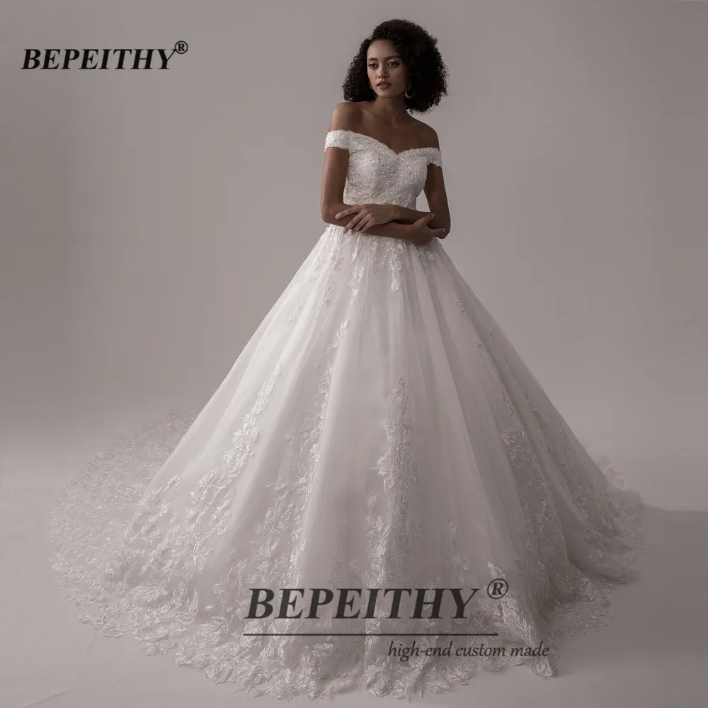 BEPEITHY-Vestidos de Novia de encaje de lujo, con hombros descubiertos de princesa vestido de novia, tren de corte, sin mangas, 2022