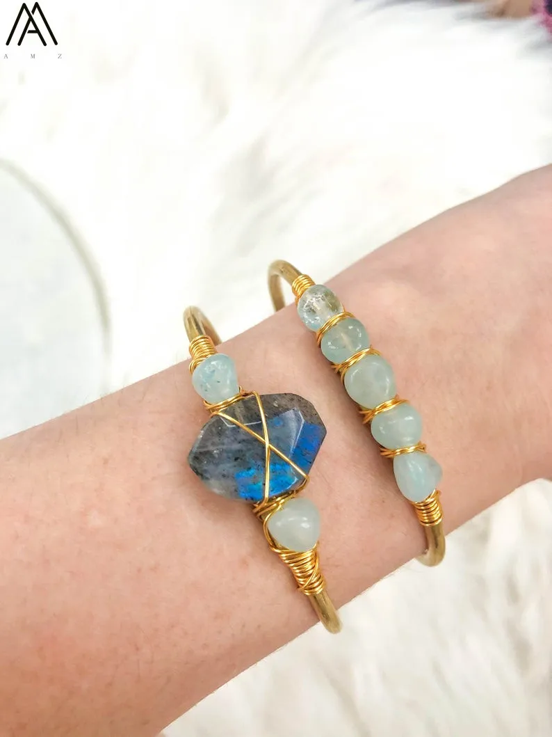 Natural Labradorite Stone Nugget Beads Open Cuff Bangles Women 6mm Aquamarines Round Beads Gold Couples Bracelets BG008AMAB