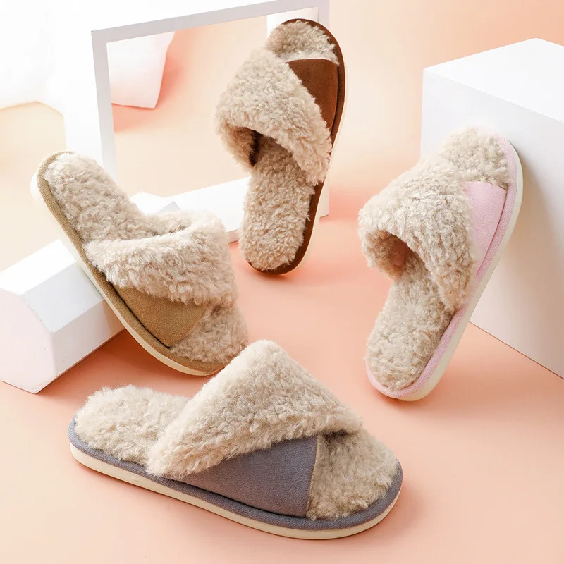 Autumn and Winter Japan and South Korea New Style Suede Stitching Cotton Shoes Women's Home Indoor Non-slip Warm Couple Slippers