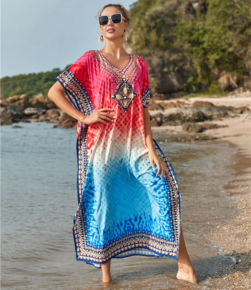 Red Blue Print Long Beach Dress Bikini Cover Ups for Women Pareo De Plage Swimsuit Cover Up Beach Sarongs Swimwear Kaftan