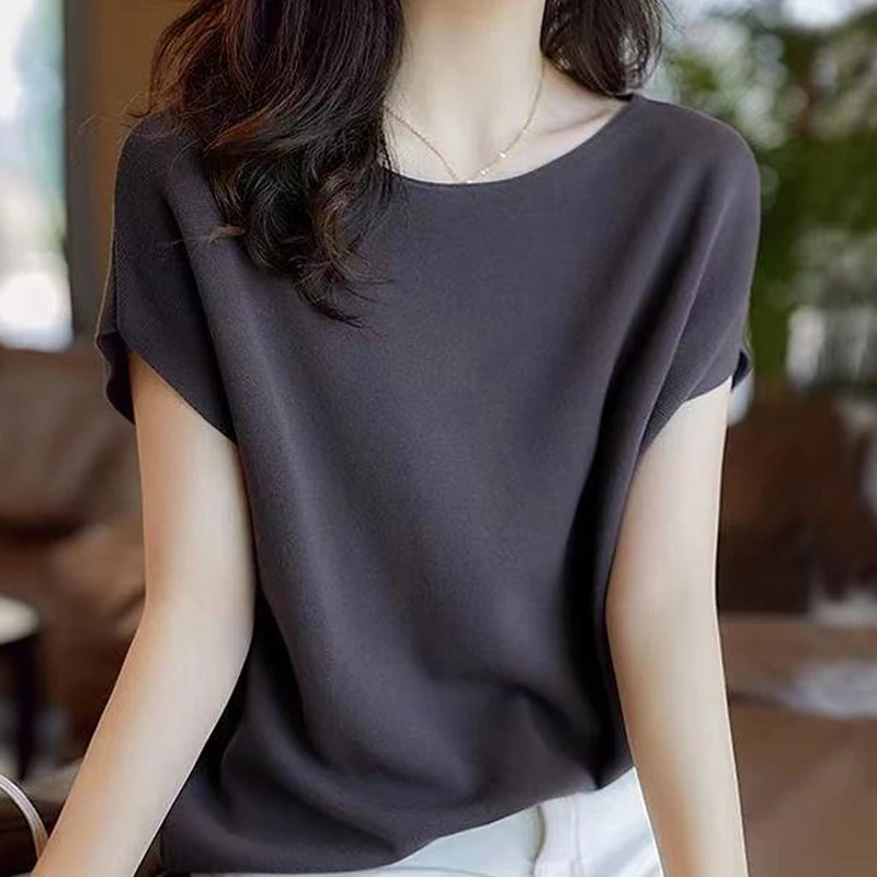 Summer Short Sleeve Knit Blouse Women Blusas Mujer De Moda 2024 O-Neck Knitted Blouse Shirt Tops Women Pullover Blouses E919