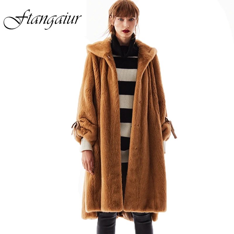 Ftangaiur Winter Women Import Velvet Mink Fur Coat With Fur Hood Bows Slim Mink Coats For Women's Medium Real Mink Fur Coats