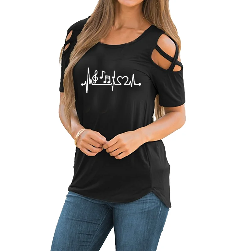 Music Notes Heartbeat Printed  Print Women Tshirts Cotton Casual Funny t Shirt Summer perforated shoulder hollow lace up T-shirt