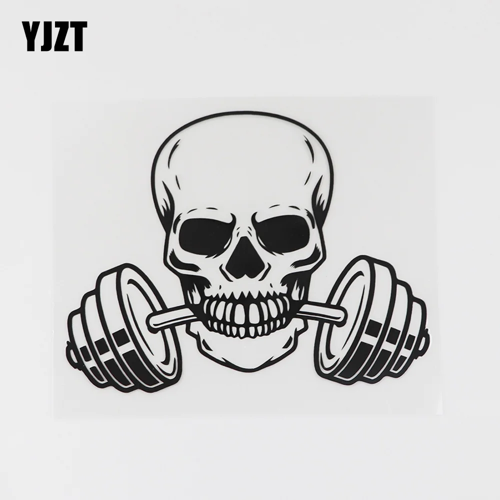 YJZT 13.5CMX10.6CM Lovely Skull Barbell Fan Weight Gym Decal Vinyl Car Sticker Black/Silver 8A-0742