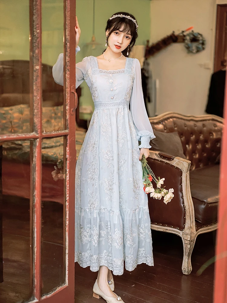 2021 New Summer Vintage Flower Gold Embroidered Lace Women's Dress Square Collar Long Sleeve Sweet Girl Elegant Dresses