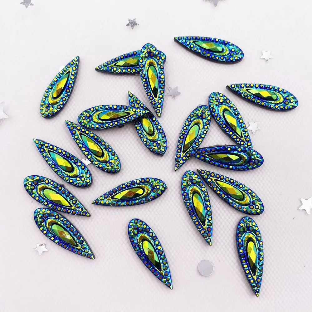 60PCS Shiny AB Resin 6*20mm Peacock Eye Teardrop Gem Beads Flatback Rhinestone Scrapbook DIY Wedding Applique Ornament G92