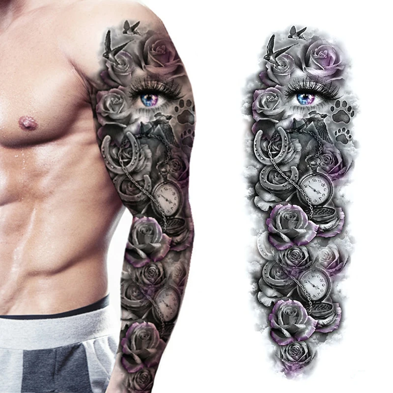 Waterdichte Tijdelijke Volledige Arm Tatoeages Mannen Vrouwen Cool Been Art Zwarte Vis Dragon Skull Mouw Grote Nep Sticker Glitter Stijl