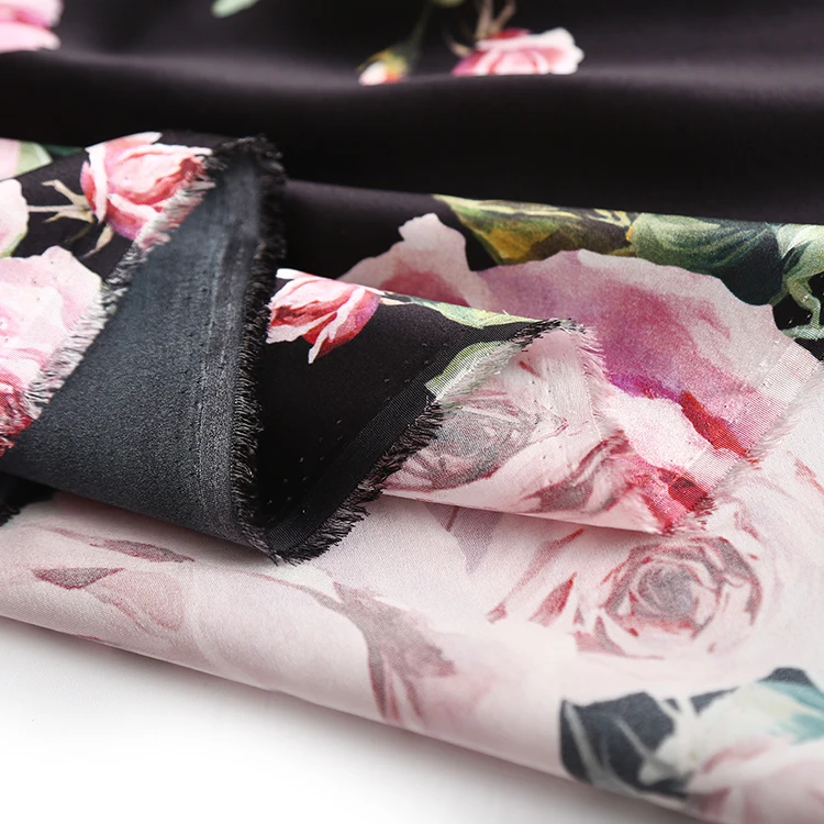 Fashion Show Romantic Pink Rose Flower Printed Imitate Silk Satin Fabric For Woman Summer Dress Blouse Pajamas DIY Cloth Sewing