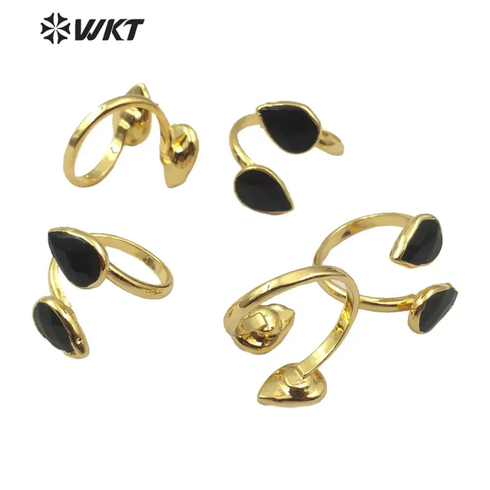 WT-R348 Natural Stone Ring Drop Shape Black Agate Unique Design With Gold Electroplated Woman Fashion Jewelry Resist Tarnishable