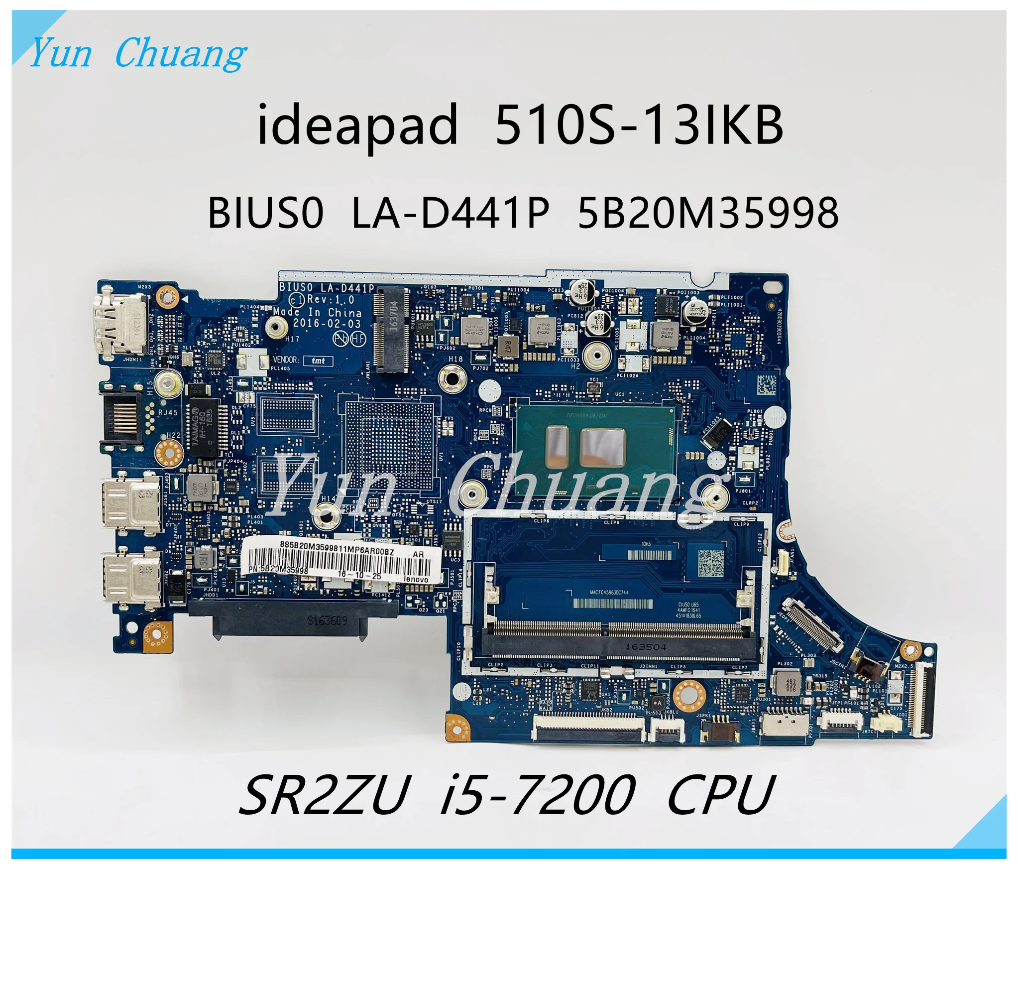 

BIUS0 LA-D441P For Lenovo 510S-13IKB Laptop motherboard SR2ZU I5-7200U CPU FRU 5B20M36001 5B20M35998 5B20M36007 mainboard