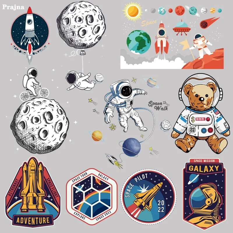 Prajna Astronaut Moon Space Rocket Iron On Transfers Vynil Heat Transfer UFO Ironing Stickers T-shirt Thermal Patches On Clothes