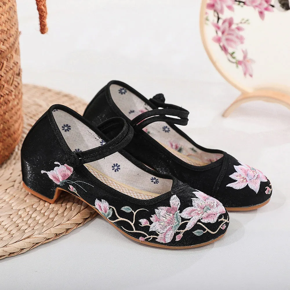 Veowalk Women Comfortable Block Low Heel Shoes Soft Cotton Fabric Embroidered Retro Elegant Ladies Chinese Dress Shoes