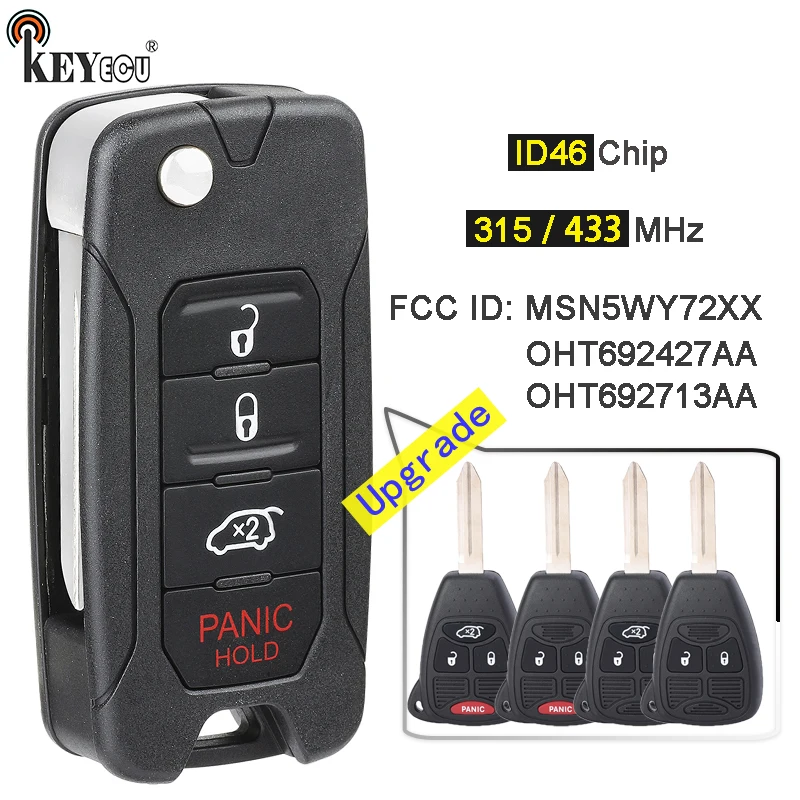 KEYECU 315/ 433MHz ID46 Chip Modified Flip Foldind 4 Button Remote Car Key Fob for Chrysler 200 300 Sebring PT Cruiser Liberty