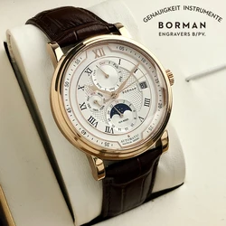 BORMAN Rose Golden Elegant Moon Phase Design Calendar Display Brown Leather Mens Watch Top Brand Luxury Automatic Watch Clock