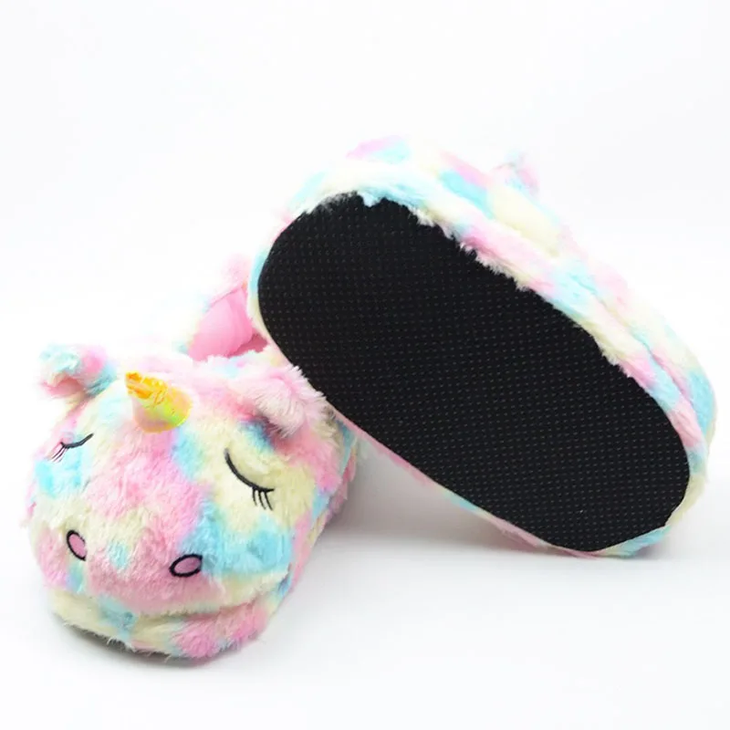 Women Cartoon Rainbow Unicorn Slippers Girls Winter Plush Warm Home Slippers Indoor Shoes Slides Cotton Shoes