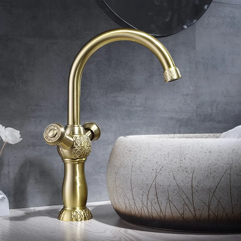 Basin Mixer Faucet Black Oil Brass Carved Bathroom Sink Faucet Double Handle Hole Deck Vintage Wash Hot and Cold Mixer Tap Crane