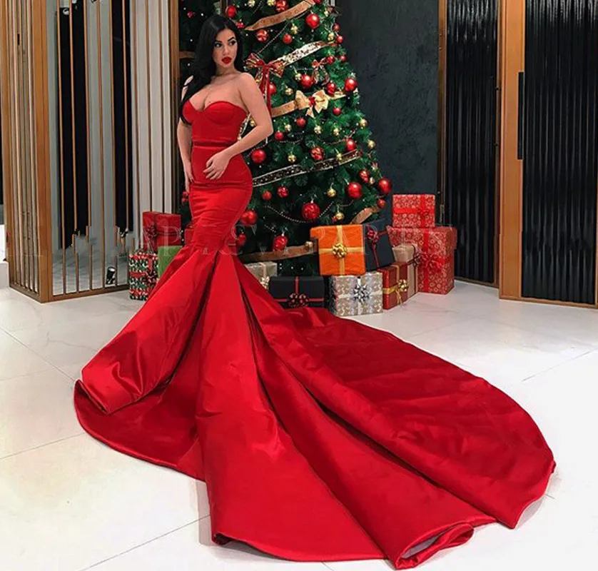 Long Sexy Mermaid Red Prom Dresses 2021 Sweetheart Arabic Style Dubai Satin Party Formal Evening Gowns Vestidos De Noiva