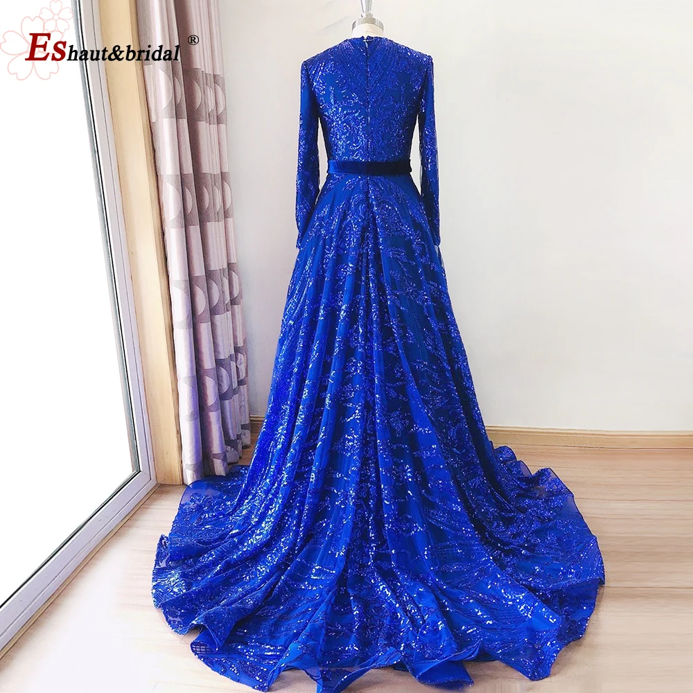 Elegant A-Line Evening Night Dress for Women Muslim 2023 Vintage O Neck Long Sleeves Sequins Formal Prom Wedding Party Gowns