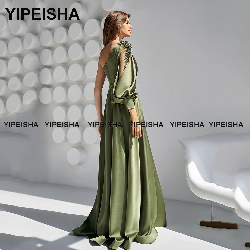 Yipeisha One-shoulder Green Evening Dresses Front Slit Formal Gown Plus Size Party Dress with Sleeve Vestido de Festa Longo