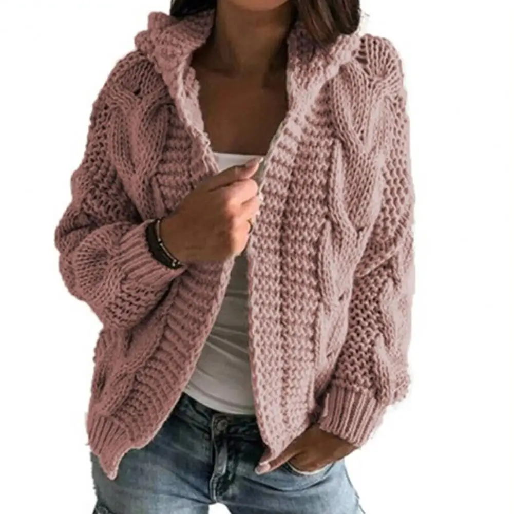 Loose Knitted Coat Long Sleeve V Neck Solid Color Twist Hooded Knitwear Cardigan for Office