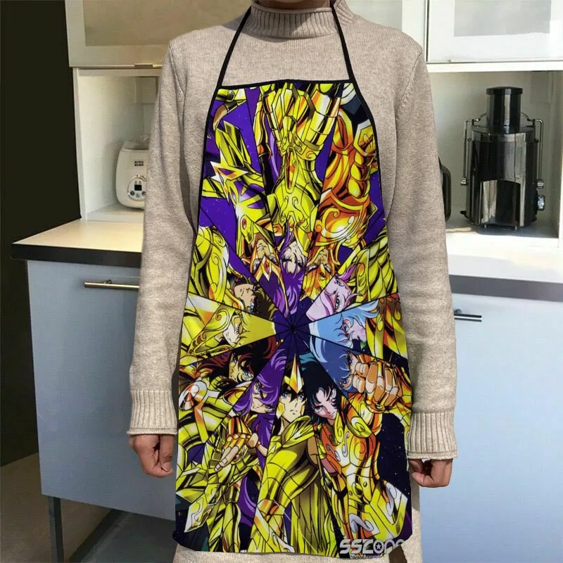 Custom Saint Seiya Kitchen Apron Dinner Party Cooking Apron Adult Baking Accessories Waterproof Fabric Printed Cleaning Tools