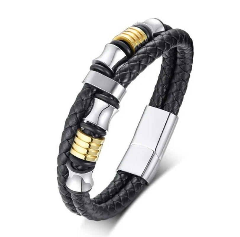 Charm Black Genuine Leather Bracelet High quality metal Double Braided Rope Bracelets for Men Women Magnetic Cuff Bangle