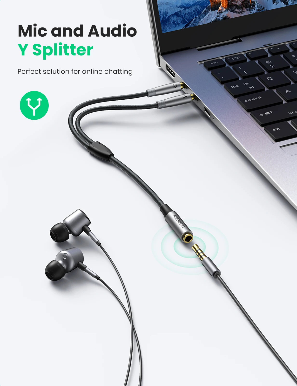 UGREEN Headphone Splitter for Computer 3.5mm Female to 2 Dual 3.5mm Male Mic Audio Y Splitter AUX Cable Headset to PC Adapter