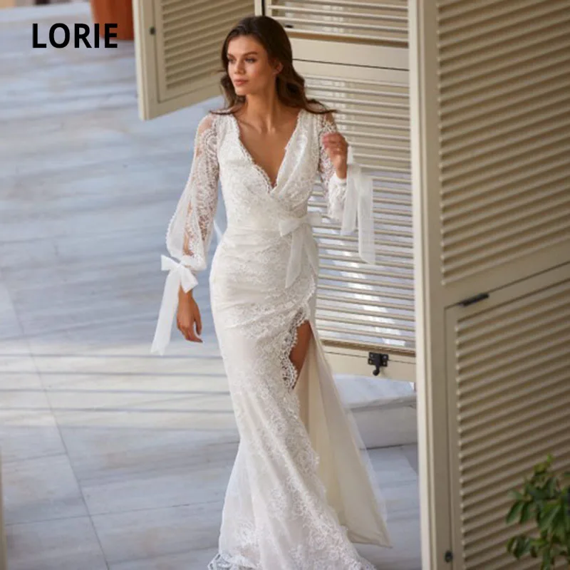 Lorie Bohemian Trouwjurken V-hals Lange Puff Mouwen Mermaid Lace Nieuwe Collectie Jurk Side Split Boho Bridal Jurk