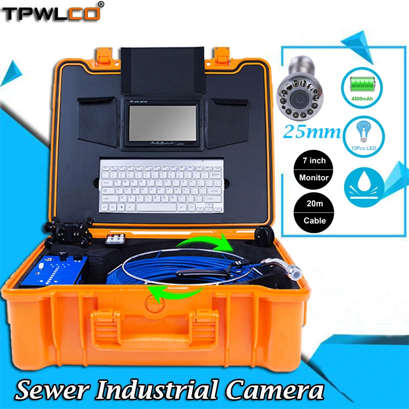 

25mm HD 1080P Sewer Industrial Camera 7” TFT LCD Screen Video Drain Pipe Inspection Endoscope System 20m Cable With Keyboard