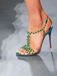 Green Rivet Clear PVC Sandals Open Toe Ankle Strap Thin High Heel Dress Shoes Stiletto Heel Ankle Buckle Runway Shoes