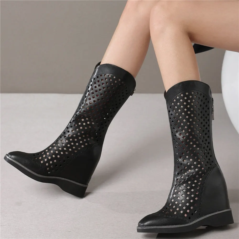 Mid Calf Gladiator Sandals Women Genuine Leather Thigh High Boots Female High Heel Platform Pumps Square Toe Fashion Sneakers