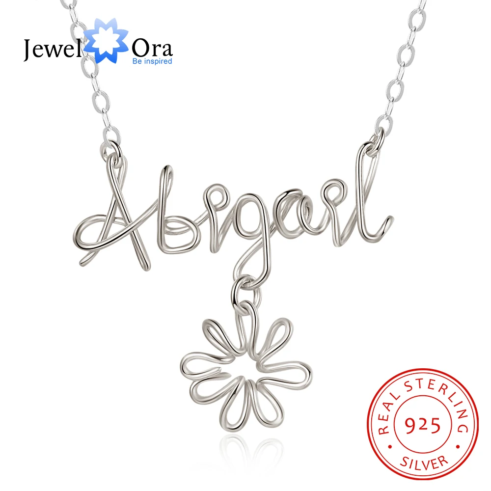 JewelOra 925 Sterling Silver Personalized Handmade Nameplate with Flower Customized Letter Wire Name Necklace Xmas Gifts for Her