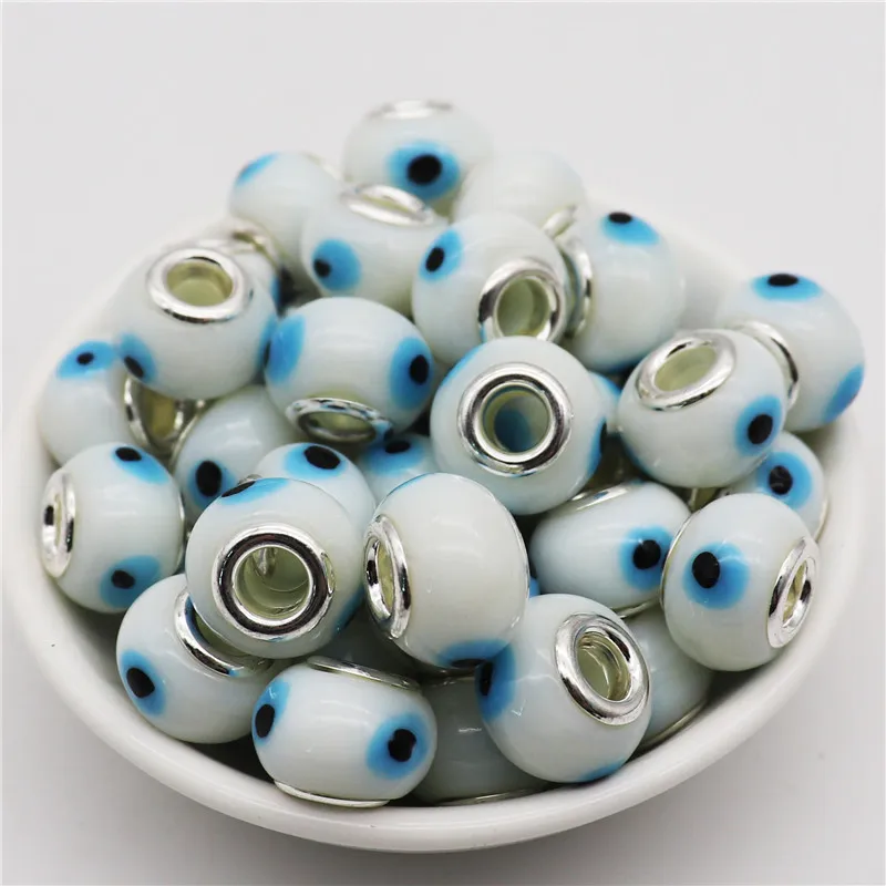 10Pcs Blue Color Evil Eye Large Hole European Glass Murano Spacer Beads fit Pandora Bracelet Chain Necklace for Jewelry Making