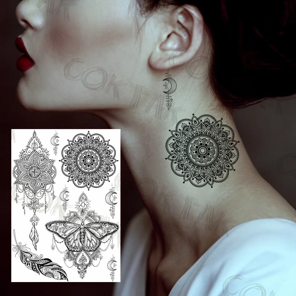 Sexy Black Henna Temporary Tattoos For Women Girls Body Art Decoration Fake Jewelry Chains Waterproof Mandala Flower Tatoos Kit