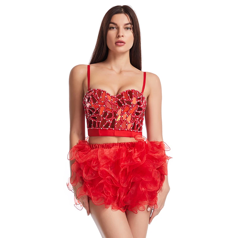 

2-piece Red Beaded & Mirror Rave Rock Brassiere Sexy Women Bra Push Up Bralette Crop Top And Skirt Set Stage Party Club Wear