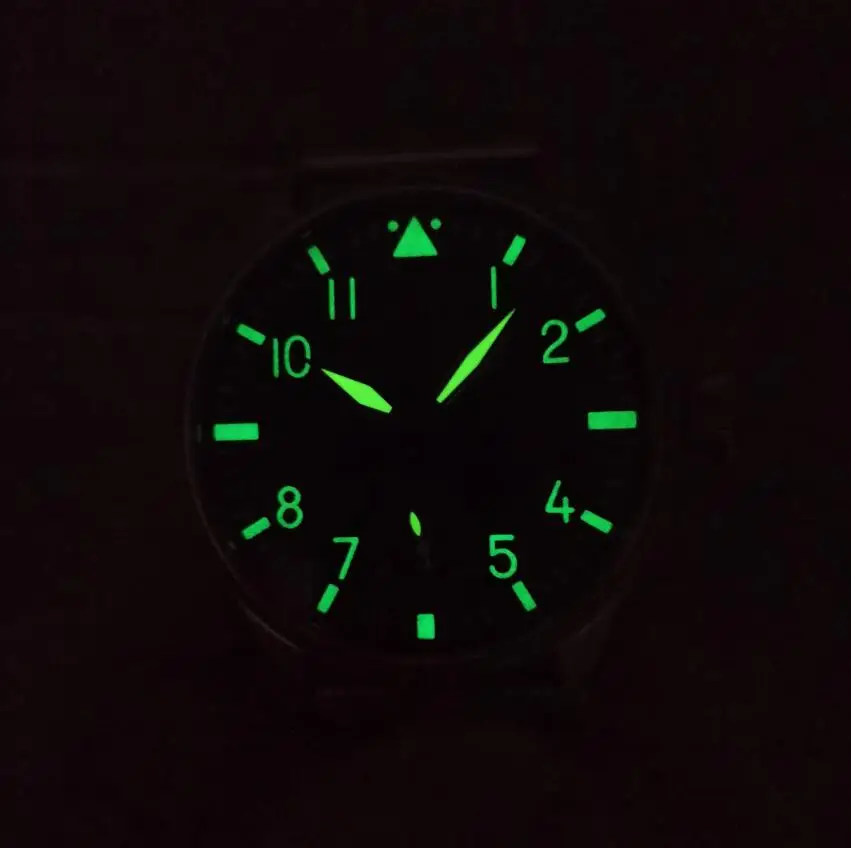 No logo Pilot manual mechanical men\'s Watch 44mm Black dial green number Blue nylon strap Seagull ST3621 movement