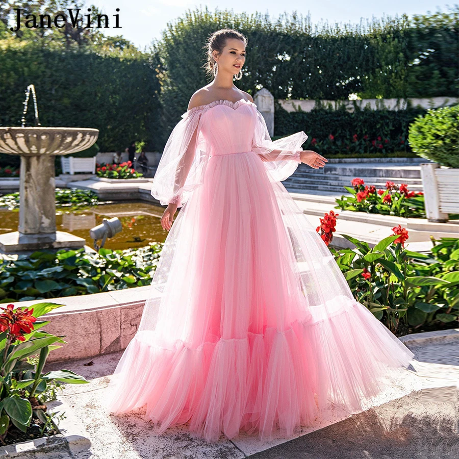 JaneVini-Vestidos de Fiesta de princesa rosa con mangas largas abullonadas, vestido Formal de talla grande, línea A de tul fruncido, encantador, 2020