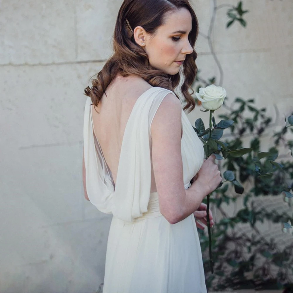 Vintage Griechischen Chiffon Hochzeit Kleider Backless V-ausschnitt, Ärmelloses Einfache Geraffte Brautjungfer Braut Kleid Hochzei EINE Linie Plus Größen