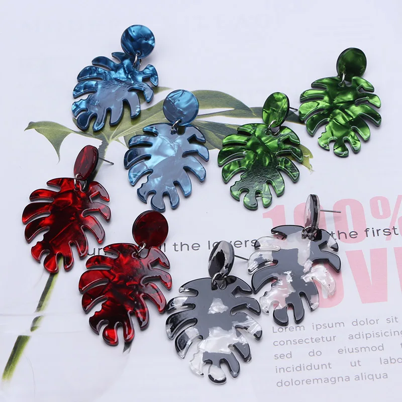 New Monstera Leaf Statement Dangle Earrings for Women Colorful Acrylic Metal Drop Earrings Exaggerated Ear Jewelry pendientes