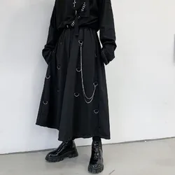 Homens de metal corrente causal solto casual perna larga calça masculina estilo japão streetwear gothic punk kimono saia calças