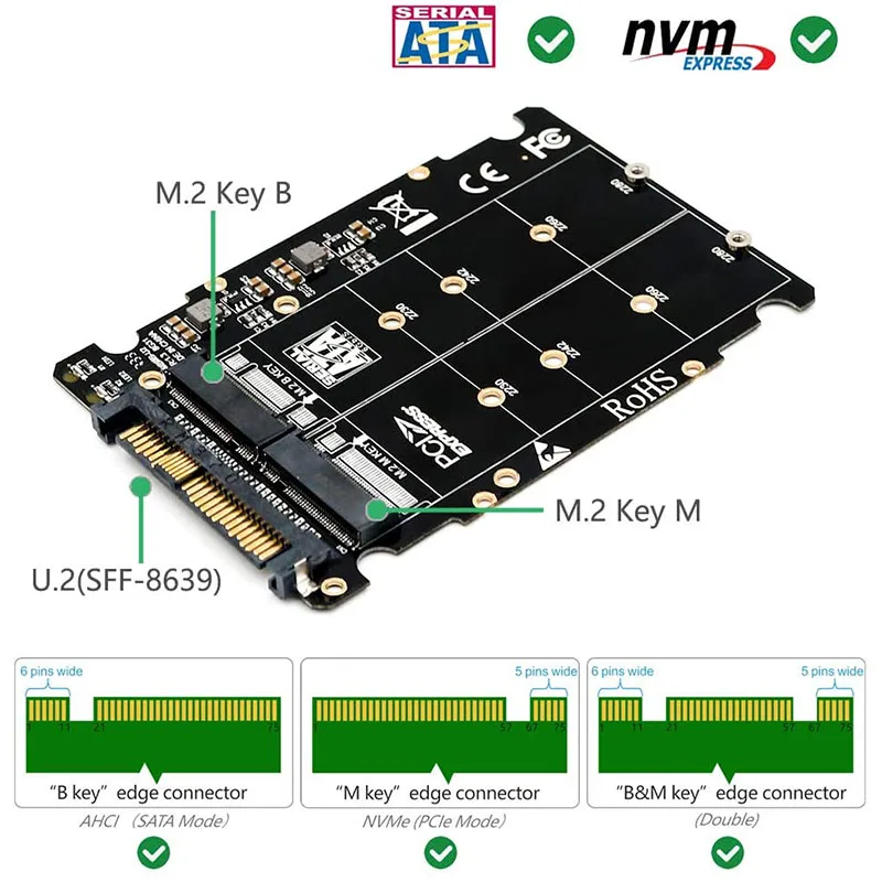 2 In 1 M.2 NVMe SATA U2PCB M.2 NVME SSD Key M Key B SSD To U.2 SFF-8639 Adapter PCIe M2 Converter Desktop Computer Parts