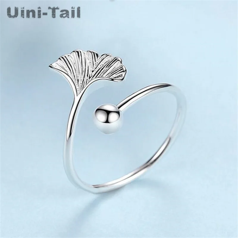 Uini-tail offre spéciale nouveau 925 argent tibétain Simple feuille de Ginkgo anneau frais mode feuille anneau ouvert bijoux de haute qualité ED650