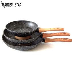 Master Star-Wooden Soft Touch Handle Pans, Black Granite Coating, Teflon Frier Induction Cooker, Non-stick Set,20/24/28cm