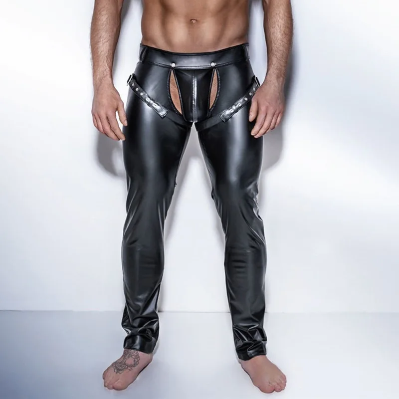 Męskie spodnie otwarte krocza PU skórzane lateksowe legginsy ołówkowe spodnie do Fitness Taniec Na Rurze Clubwear Gay Sexy Wetlook legginsy XXL