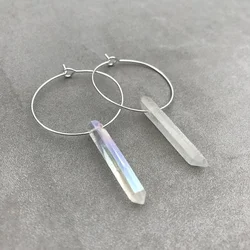 Raw crystal earrings Angel aura quartz hoop earrings Quartz point earrings