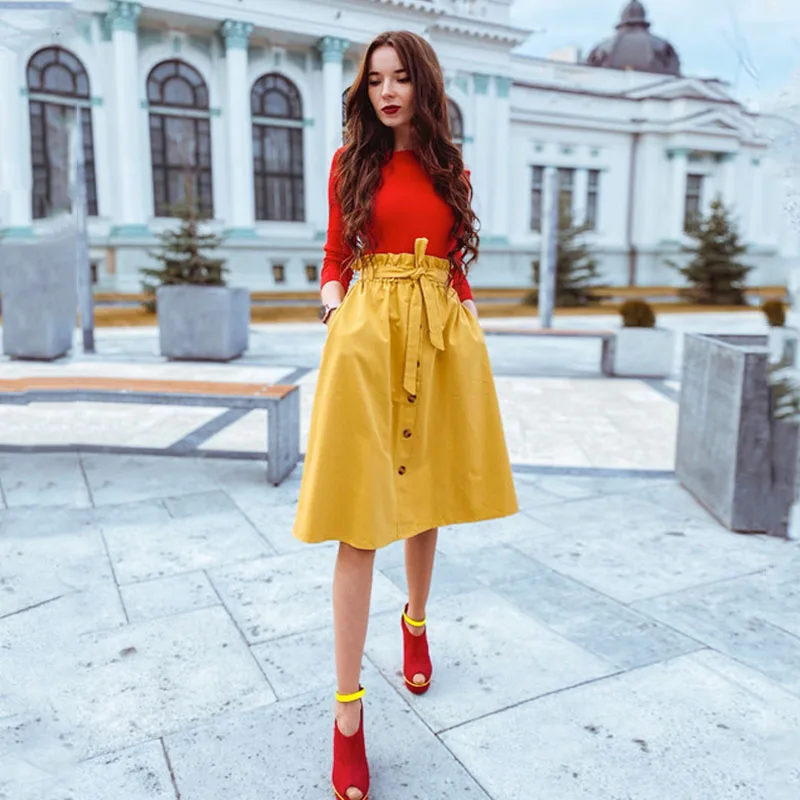 Women Casual Cotton Skirts Spring Summer Korean Style Solid Elegant High Waist Single-Breasted Bow Lace Up A-Line Midi Skir