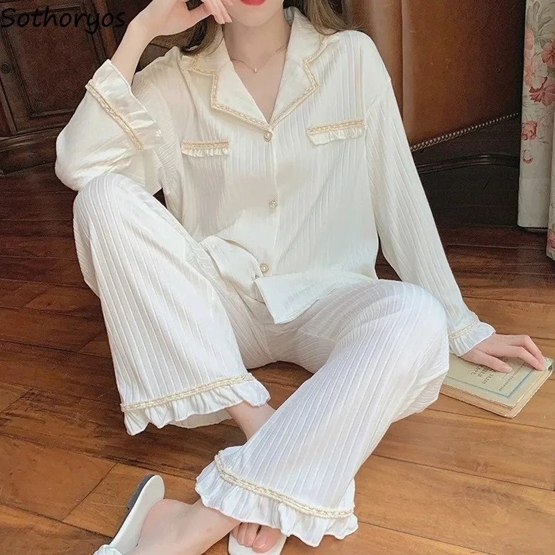 Pajama Sets Women Vintage Long Sleeve Ruffles Button Up Sleepwear Home Loungewear Casual Retro Turn-down Collar Two Pieces Soft